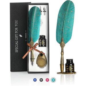 Feather Pen and Ink Set, Glittering Quill Pen Set Antique